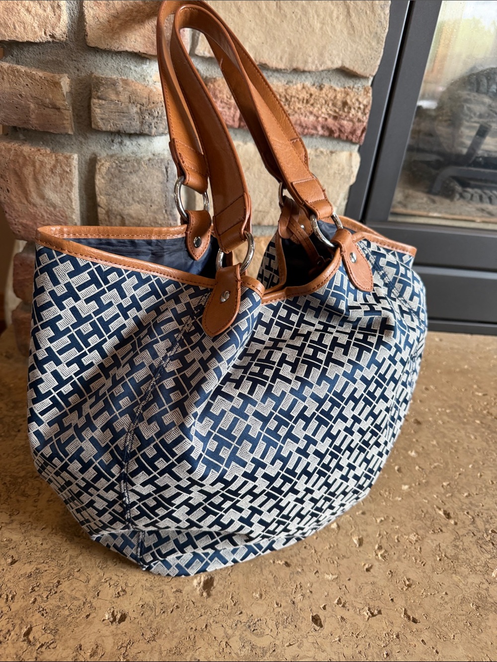 Tommy Hilfiger Navy & Tan Monogram Shoulder Tote NWOT
